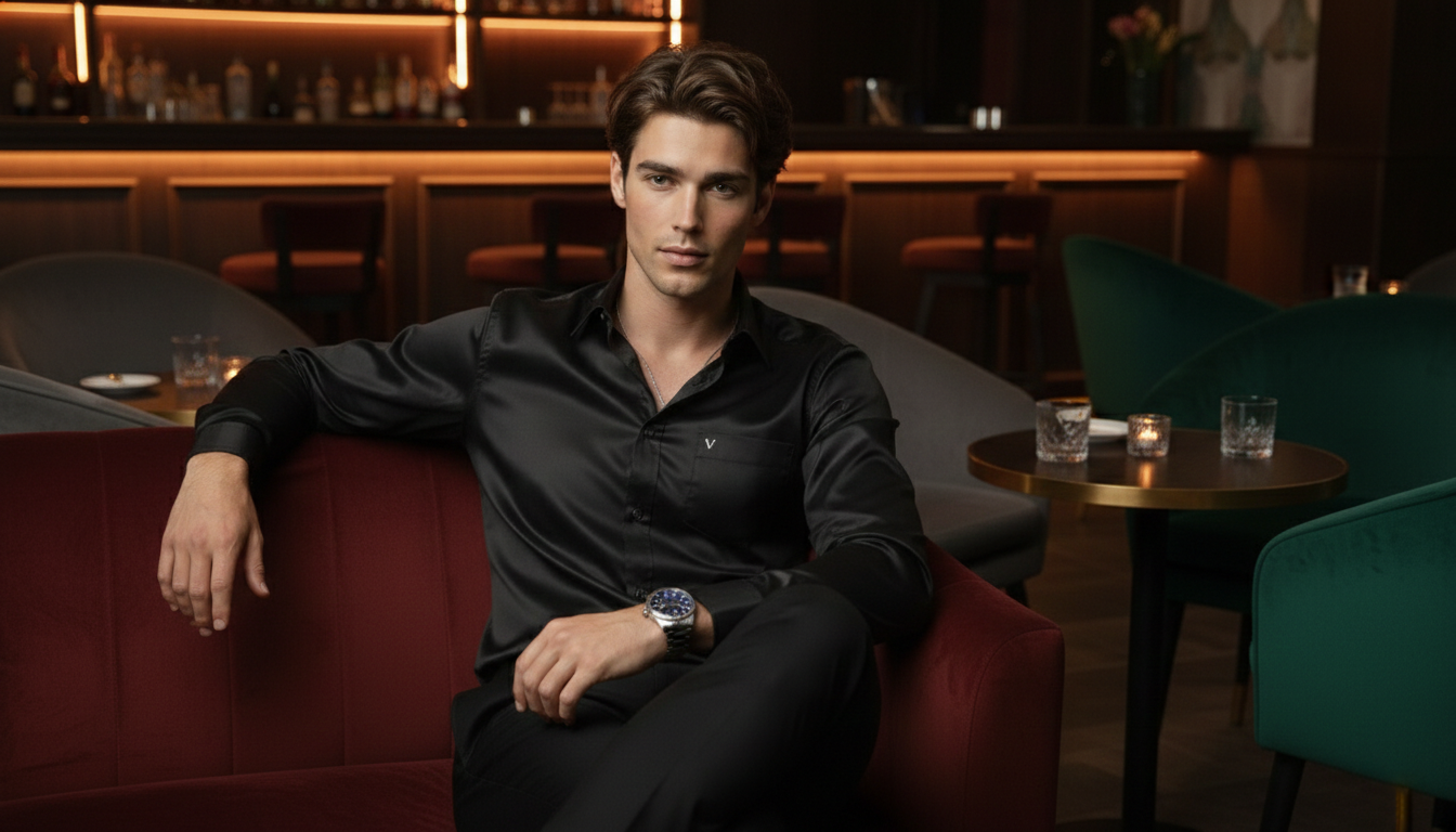 Midnight Noir - Black Satin Party Shirt for Men